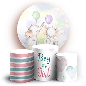 KIT Redondo e Trio - Elefantinhos (Chá Revelação) - Sublimado 3D