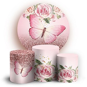 KIT Redondo e Trio - Borboleta Rosa  - Sublimado 3D