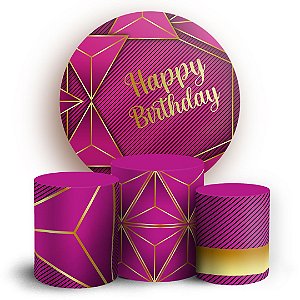KIT Redondo e Trio - Happy Birthday Rosa - Sublimado 3D
