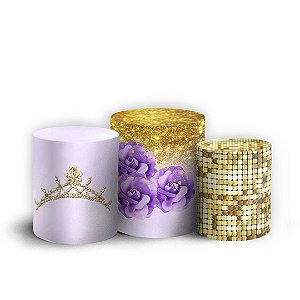 Trio Cilindro - 15 Anos Lilas Dourado - Sublimado 3D + Elástico