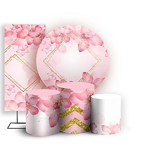 KIT Redondo Trio e Faixa - Flores Rosa - Sublimado 3D