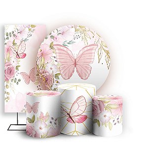 KIT Redondo Trio e Faixa - Borboleta Rosa - Sublimado 3D