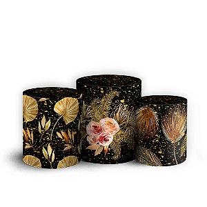 Trio Cilindro - Floral Dourado - Sublimado 3D + Elástico