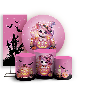 KIT Redondo Trio e Faixa - Gato Dia das Bruxas Halloween - Sublimado 3D