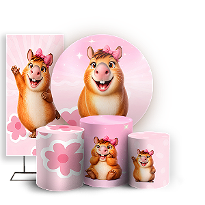 Capas Painel Redondo Trio Cilindro e Faixa Lateral Sublimado - Capivara Rosa