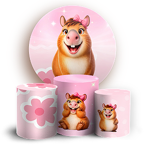 Capas Painel Redondo e Trio Cilindro Sublimado - Capivara Rosa
