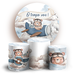 Capas Painel Redondo e Trio Cilindro Sublimado - Ursinho Aviador