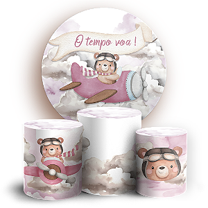 Capas Painel Redondo e Trio Cilindro Sublimado - Ursinha Aviadora
