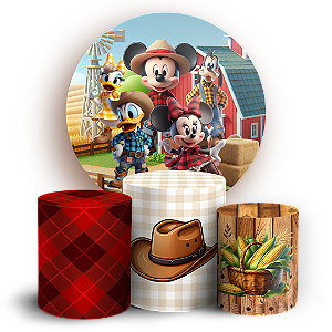 Capas Painel Redondo e Trio Cilindro Sublimado - Fazendinha Mickey e Minnie