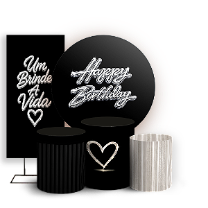 Capas Painel Redondo Trio Cilindro e Faixa Lateral Sublimado - Happy Birthday Preto