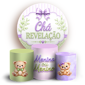 Capas Painel Redondo e Trio Cilindro Sublimado - Chá Revelação - Ursinho Verde e Lilás