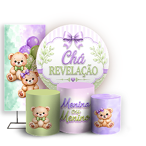 Capas Painel Redondo Trio Cilindro e Faixa Lateral Sublimado - Chá Revelação - Ursinho Verde e Lilás