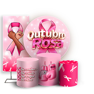 Capas Painel Redondo Trio Cilindro e Faixa Lateral Sublimado - Outubro Rosa