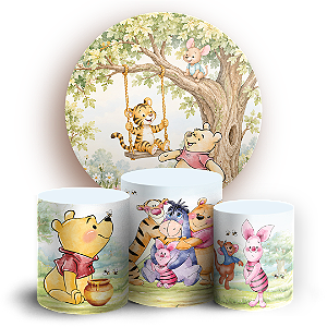 Capas Painel Redondo e Trio Cilindro Sublimado - Ursinho Pooh Aquarela