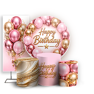 Capas Painel Redondo Trio Cilindro e Faixa Lateral Sublimado - Happy Birthday