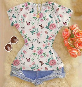 Tshirts feminina estampada  - Floral com borboletas