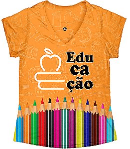 T-shirt Feminina no Atacado Educação Fundo Laranja