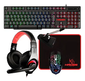 Kit Gamer Kross 5 em 1 - Mouse + Teclado + Mouse Pad + Headset e Mouse Bungee, USB, LED, Iluminação Rainbow - KE-GK5150