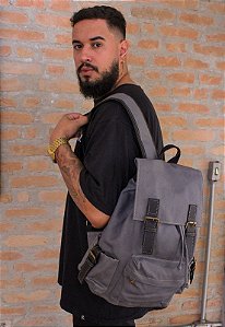 Mochila Vintage Grande Lona Cinza L085