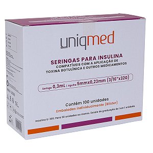 Seringas para Insulina 0,3mL (30UI) Agulha 5x0,23mm 32G Cx C/100 Un Toxina Botulínica | Estética - Uniqmed