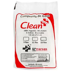 Compressa de Gaze Não Estéril 7,5x7,5cm Pacote 13 Fios 100gr  - Clean