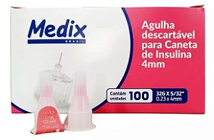 Agulha para Caneta de Insulina 4mm x 32G (Ultra Fina) Caixa C/100 Unidades - Medix