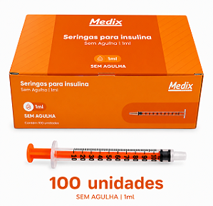 Caixa C/100 Seringas de Insulina 1ml 100UI Sem Agulha Bico Slip (Liso) - Medix