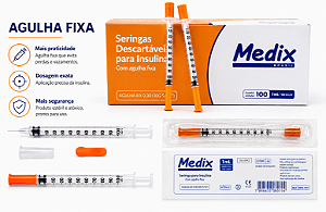 Caixa C/100 Unidades de Seringa de Insulina 1ml 100UI C/Agulha Fixa 12,7 x 0,33mm (29g) - Medix