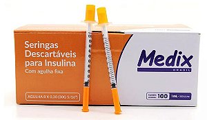 Seringa de Insulina 1ml 100UI C/Agulha 8 x 0,30mm (Fina) Caixa C/100 Unidades - Medix