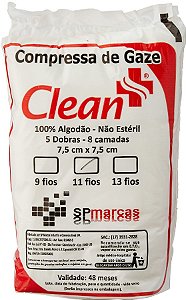 Compressa de Gaze Pacote C/500 Unidades 11 Fios Não Estéril 7,5x7,5cm - Clean