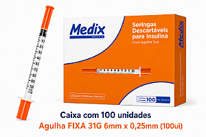 Caixa C/100 Seringas de Insulina 1ml 100UI C/Agulha Fixa 6mm x 0,25mm Fina - Medix