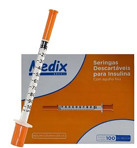 Caixa C/100 Unidades de Seringas de Insulina 1ml 100UI C/Agulha 6mm x 0,25mm Fixa - Medix