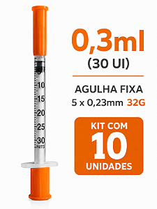 Kit C/10 Seringas de Insulina 0,3ml Agulha Fixa 5x0,23mm (32g) Blister - Uniqmed