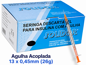 Caixa C/100 Seringas Insulina 1ml Com Agulha Acoplada 13 x 0,45mm (26g) - Solidor