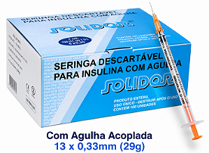 Caixa C/100 Unidades de Seringas Insulina 1ml Com Agulha Acoplada 13 x 0,33mm (29g) - Solidor