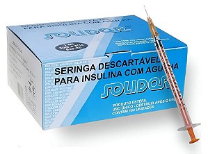 Caixa C/100 Unidades de Seringas Insulina 1ml Com Agulha Acoplada 13 x 0,33mm (29g) - Solidor
