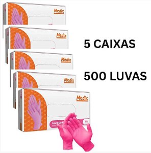 5 Caixas de Luvas Nitrilica Rosa Tamanho: PP Sem Pó - Medix Profissional