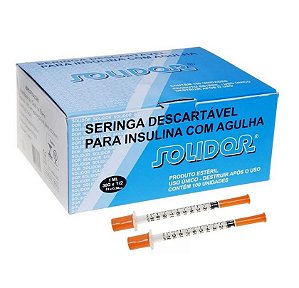Caixa C/100 Unidades de Seringas Insulina 1ml Com Agulha Fixa 13 x 0,30mm (30g) - Solidor