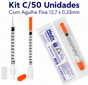 Kit C/50 Seringas P/Insulina 1ml Agulha Fixa 12,7mm x 0,33mm (100ui) 29g Residuo Zero - Medix