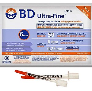 Pacote C/10 Seringas 0,5ml (50ui) Agulha Fixa 6mm x 0,25mm Ultra Fine - BD