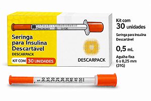 Kit C/30 Seringas de Insulina 0,5ml Agulha Fixa 6 x 0,25mm (31g) - Descarpack