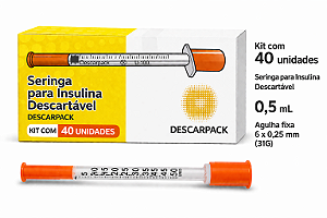 Kit C/40 Seringas de Insulina 0,5ml Agulha Fixa 6 x 0,25mm (31g) - Descarpack