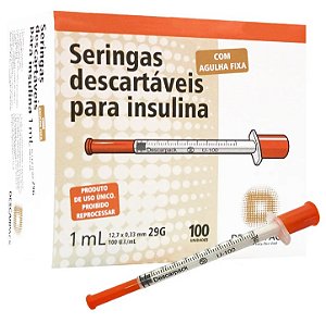 Caixa C/100 Unidades de Seringa de Insulina 1ml 100UI C/Agulha Fixa 12,7 x 0,33mm (29g) - Descarpack