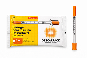 Pacote C/10 Seringas de Insulina 0,5ml Agulha Fixa 8 x 0,30mm (30g) - Descarpack