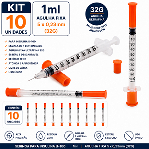 Kit C/10 Seringas de Insulina 1ml Agulha Fixa 5x0,23mm (32g) Blister - Uniqmed