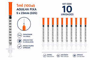 Kit C/10 Seringas de Insulina 1ml Agulha Fixa 5x0,23mm (32g) Blister - Uniqmed