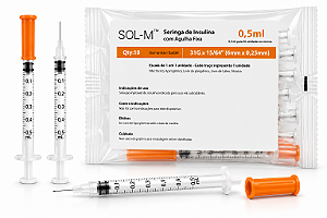 Pacote C/10 Seringas de Insulina 0,5ml Agulha Fixa 6mm x 0,25mm (31g) - Sol-Millennium
