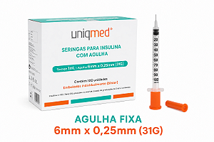 Caixa C/100 Seringas de Insulina 1ml com Agulha 6mm x 0,25mm (Blister) - Uniqmed