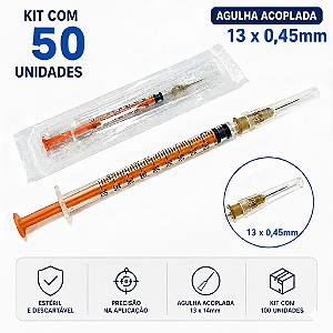Kit C/50 Seringas de Insulina 1ml com Agulha 13 x 0,45mm (Removível) Bico Slip - SR