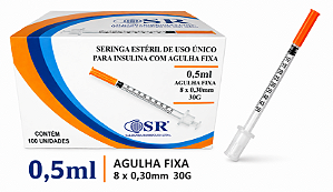 Caixa C/100 Seringas de Insulina 0,5ml (50UI) Agulha Fixa 8 x 0,30mm (30g) - SR